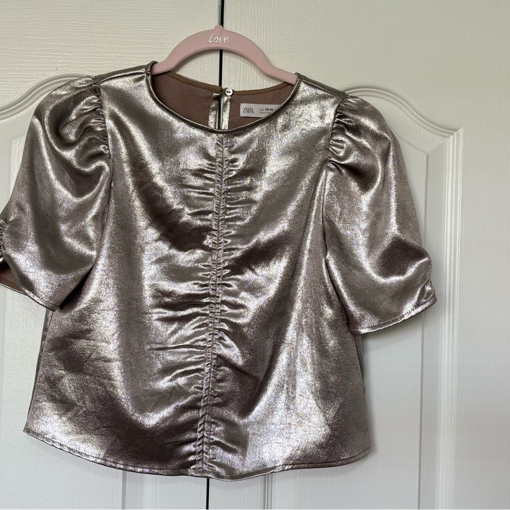 Zara Silver Blouse with Puff Sleeves and Cropped Silhouette
